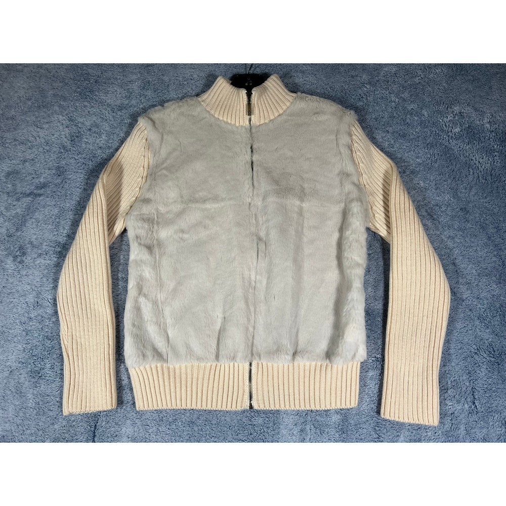 Moncler Virgin Wool Rabbit Fur Front Full Zip Cardigan Sweater Cream White Italy